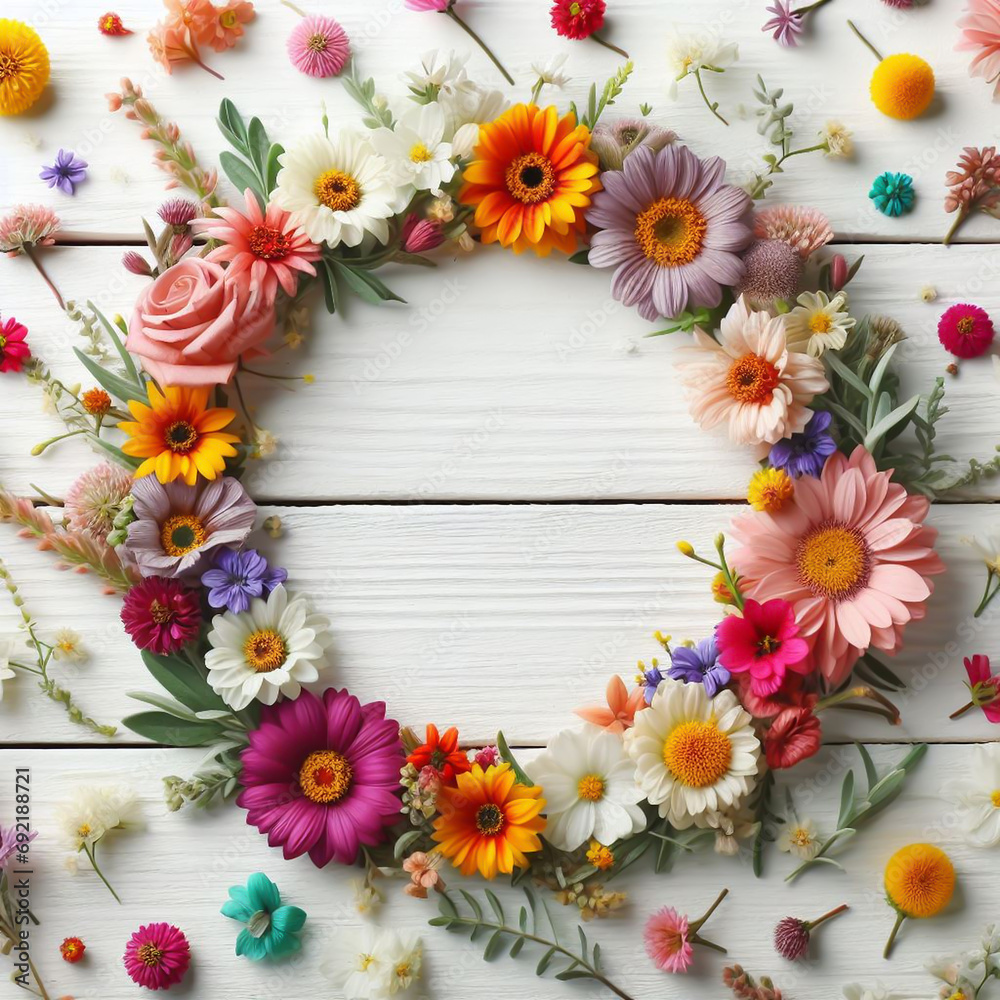 Spring theme with colorful flowers on a rustic wooden background. AI generated