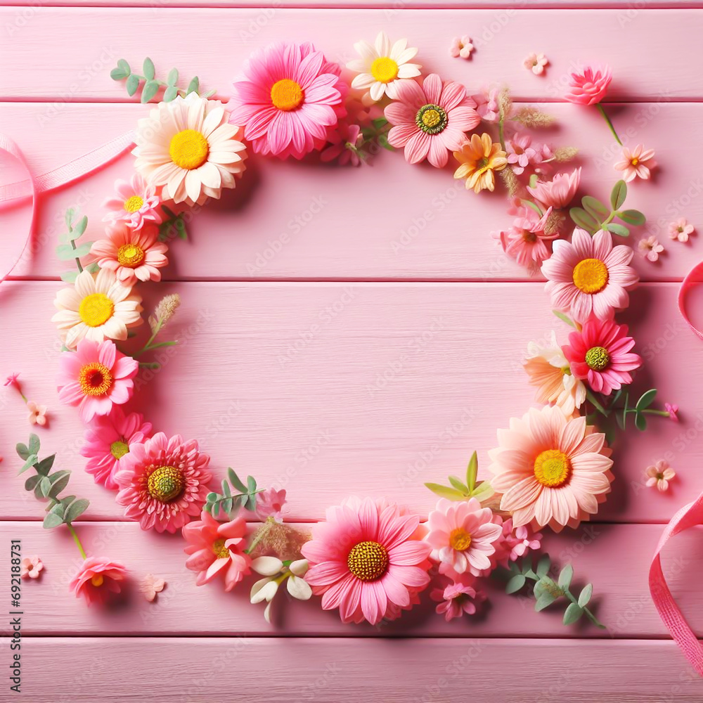 Spring theme with pink flowers on a rustic wooden background. AI generated