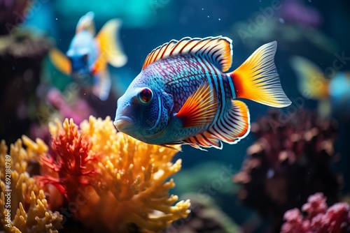 A tropical fish with bright blue and red colors swims among the coral reef in an aquarium. Concept: marine life breeding and care.