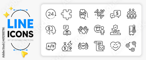 Ab testing, Smile face and 24 hours line icons set for app include Electricity price, Friends community, Refrigerator outline thin icon. Group people, Support service. Vector