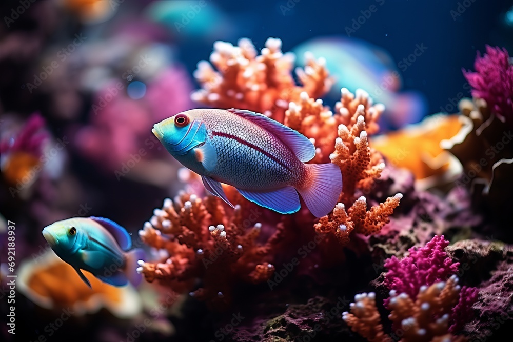 A tropical fish with bright blue and red colors swims among the coral reef in an aquarium. Concept: marine life breeding and care. A tropical fish with bright blue and red colors swims among the coral reef in an aquarium. Concept: marine life breeding and care.
