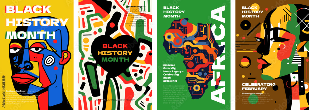 Black History Month abstract graphic poster. African American rights and culture celebrate in February. Modern creative placard with persons of color. Africa and afro pattern art design vector prints - obrazy, fototapety, plakaty 