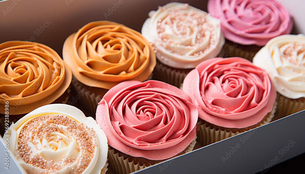 A pink cupcake with chocolate icing, a sweet indulgence generated by AI A pink cupcake with chocolate icing, a sweet indulgence generated by AI