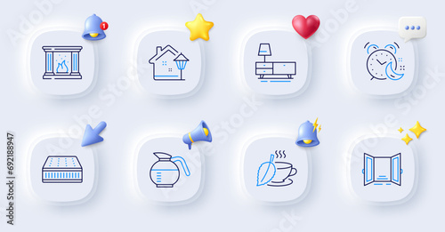 Alarm, Mint tea and Dresser line icons. Buttons with 3d bell, chat speech, cursor. Pack of Open door, Street light, Mattress icon. Fireplace, Coffeepot pictogram. For web app, printing. Vector