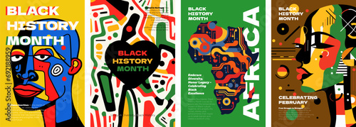Black History Month abstract graphic poster. African American rights and culture celebrate in February. Modern creative placard with persons of color. Africa and afro pattern art design vector prints photo