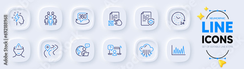 Line graph, Medical certificate and Cloud storage line icons for web app. Pack of Qr code, Online question, Brainstorming pictogram icons. 24 hours, Outsource work, Mental health signs. Vector © blankstock