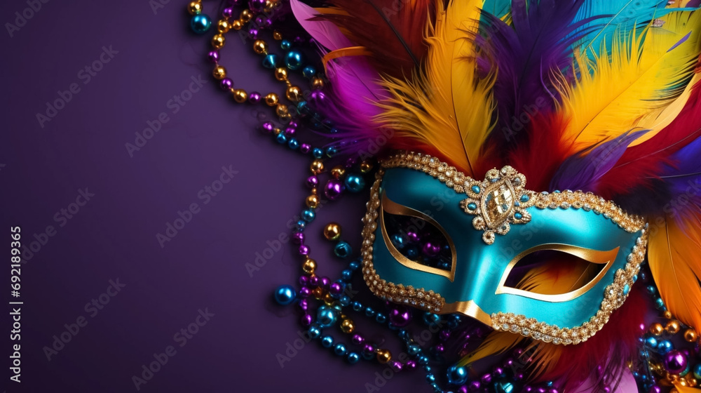 copy space, Colorful Mardi Gras mask with beads and feathers decor on a background, perfect for carnival, Mardi Gras, party, celebration, and theme-related concepts. Carnival background.