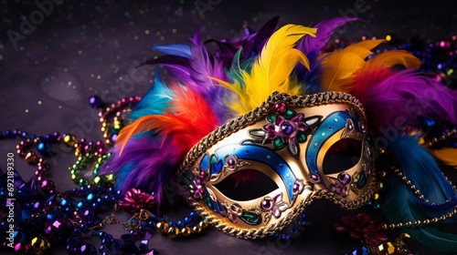 copy space, Colorful Mardi Gras mask with beads and feathers decor on a background, perfect for carnival, Mardi Gras, party, celebration, and theme-related concepts. Carnival background. © Dirk