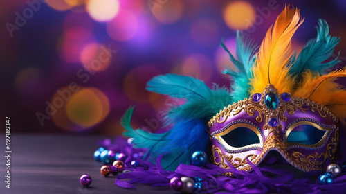 copy space, Colorful Mardi Gras mask with beads and feathers decor on a background, perfect for carnival, Mardi Gras, party, celebration, and theme-related concepts. Carnival background. © Dirk