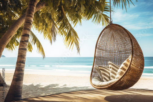 Relax landscape with hammock hang on palm tree over white sand sea beach banner.