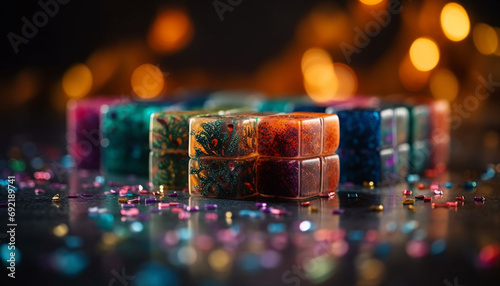 Vibrant colors illuminate celebration with multi colored candle burning bright generative AI