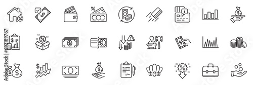 Icons pack as Auction, Payment methods and Card line icons for app include Donation money, Sale, Crown outline thin icon web set. Rise price, Discount, Change money pictogram. Clipboard. Vector