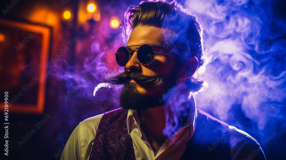 A beautiful hipster having a fake distinguished mustaches A beautiful hipster having a fake distinguished mustaches