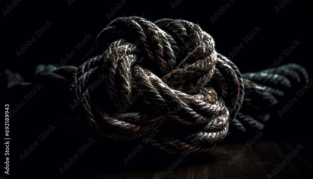 Twisted rope tied knot on cleat, close up of nautical vessel generative AI
