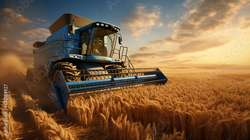 Fotografia A combine harvester, its engine rumbling and its blades whirring, cuts through a field of wheat, harvesting the crop for the coming year