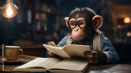 Canvas-taulu A curious primate, engrossed in a picture book, is a reminder that intelligence is not limited to humans