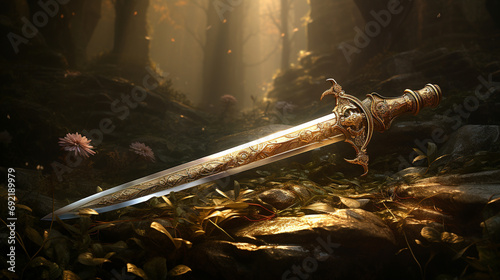 A long sword, its blade gleaming in the sunlight, is a symbol of power and strength. ai generated.