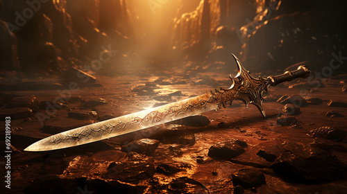 A long sword, its blade gleaming in the sunlight, is a symbol of power and strength. ai generated.