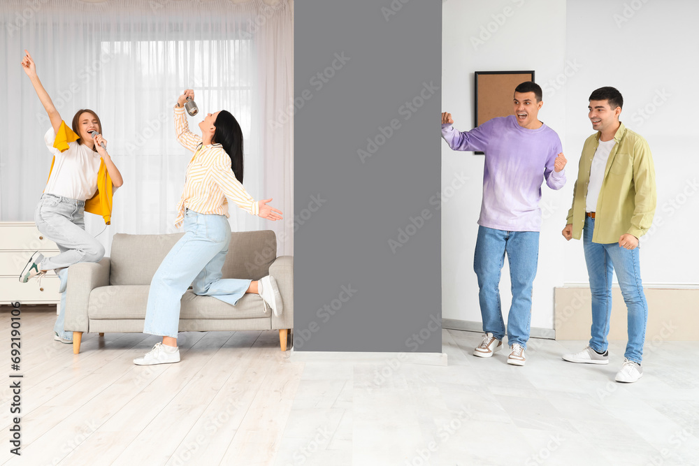 Young men suffering from loud neighbours singing at home