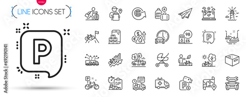 Pack of Baby carriage, Ambulance car and Paper plane line icons. Include Bicycle, Pickup, Fuel price pictogram icons. Lighthouse, Delivery report, Eco bike signs. Parking security, Bike. Vector