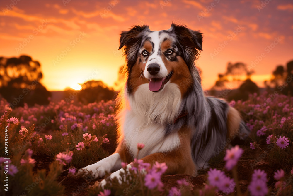 Portrait photography of australian shepherd resting in beautiful flower field in nature at the sunset, beautiful sheepdog breed in the summer