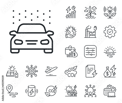 Automatic cleaning sign. Energy, Co2 exhaust and solar panel outline icons. Car wash line icon. Clean vehicle symbol. Car wash line sign. Eco electric or wind power icon. Green planet. Vector