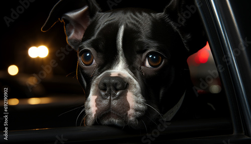 Cute puppy looking at camera, sitting indoors, with sadness generated by AI © Gstudio