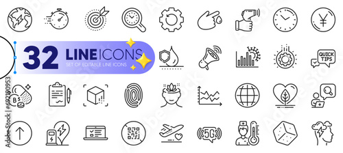 Outline set of Dice, Local grown and Pantothenic acid line icons for web with Electricity, Yen money, Swipe up thin icon. Gear, Time, Coronavirus statistics pictogram icon. Diagram chart. Vector