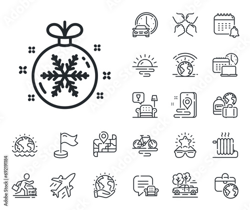 New year tree decoration sign. Plane jet, travel map and baggage claim outline icons. Christmas ball with snowflake line icon. Christmas ball line sign. Car rental, taxi transport icon. Vector