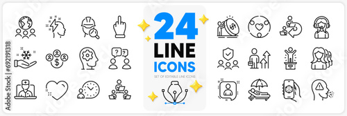Icons set of Winner podium, Women headhunting and 3d app line icons pack for app with Middle finger, Cough, Brain working thin outline icon. Inflation, Delegate work, Time management pictogram. Vector