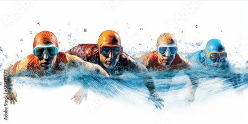 A vibrant collage captures the synchronized prowess of Olympic swimmers adorned in caps and goggles, navigating the water lanes with strength, unity, and triumphant athleticism