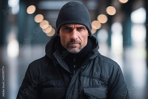 Portrait of a man in a winter jacket looking at the camera