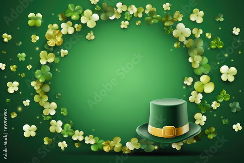 Happy Saint Patricks day. Round banner with traditional green hat and clover leaves on green background. View from above. Copy space.