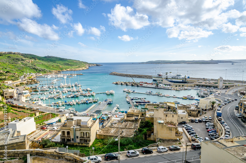Panoramic Bay View of Mgarr, Town and Harbour where Ferries Dock at the East End of Island Gozo, Malta