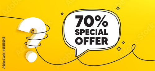 70 percent discount offer tag. Continuous line chat banner. Sale price promo sign. Special offer symbol. Discount speech bubble message. Wrapped 3d question icon. Vector