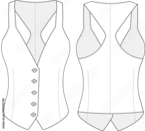 v neck buttoned tailored vest template technical drawing flat sketch cad mockup design model fashion woman
