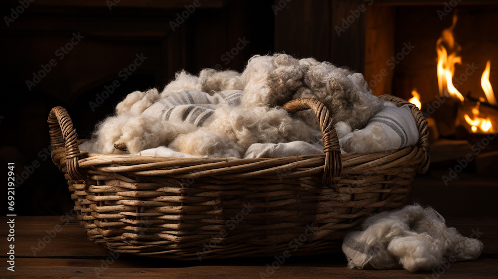 A wicker basket overflowing with sheep wool and yarn is a reminder of