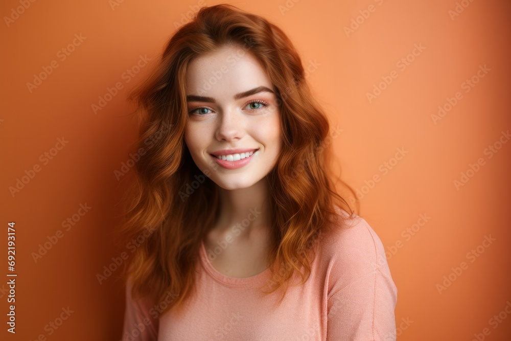 closeup portrait of young happy woman looking in camera on peach fuzz background closeup portrait of young happy woman looking in camera on peach fuzz background