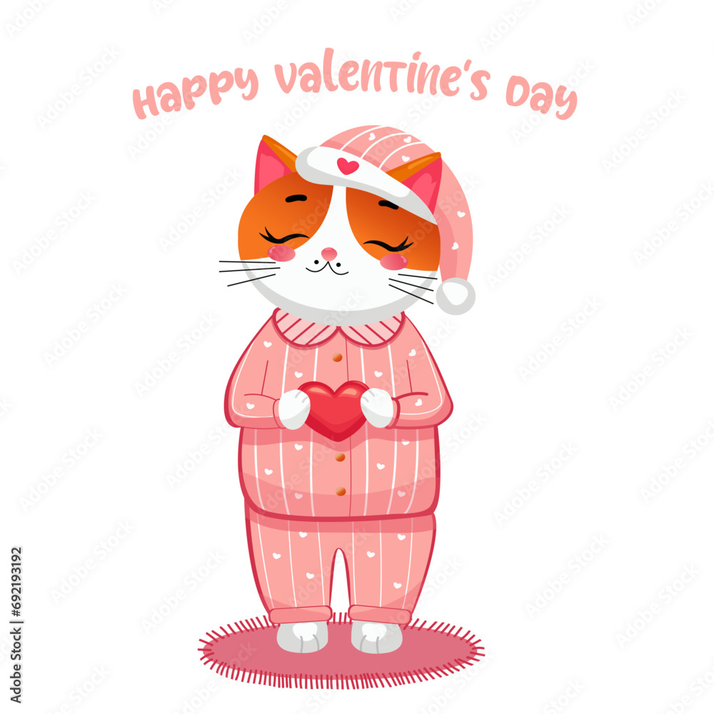 Obraz premium Vector kitten holding a heart on valentine's day 