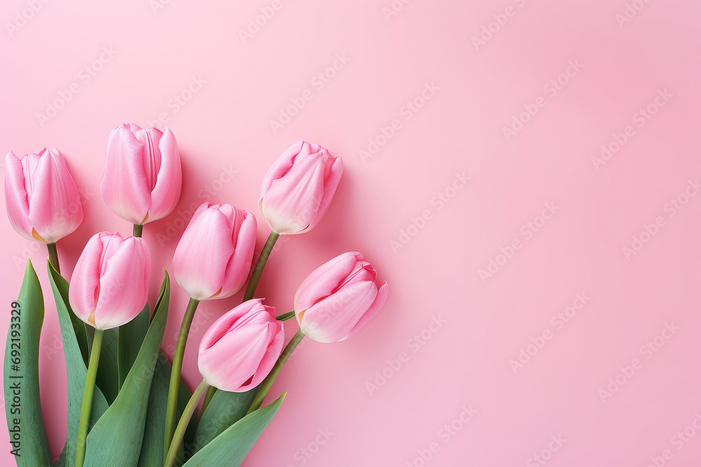 Bouquet of pink tulips on pink background. Mothers day, Valentines Day, Birthday celebration concept. Bouquet of pink tulips on pink background. Mothers day, Valentines Day, Birthday celebration concept.