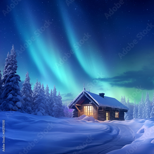 kleine Hütte im Wald unter Polarlicht © Jenny Sturm