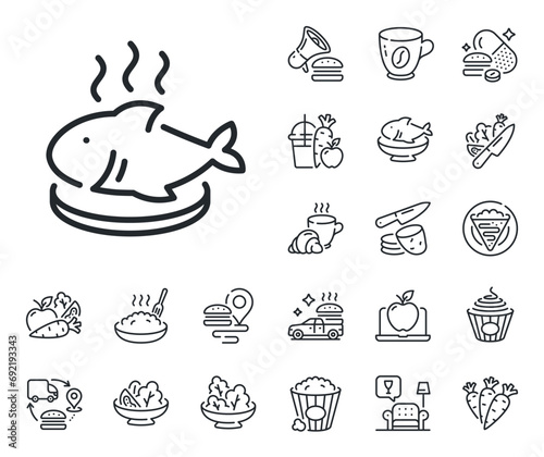 Seafood plate sign. Crepe, sweet popcorn and salad outline icons. Fish dish line icon. Healthy food symbol. Fish dish line sign. Pasta spaghetti, fresh juice icon. Supply chain. Vector