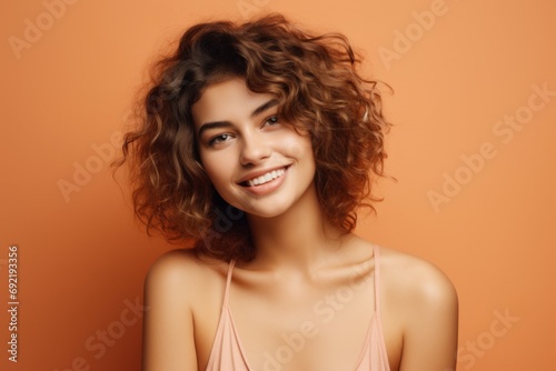 closeup portrait of young happy woman looking in camera on peach fuzz background