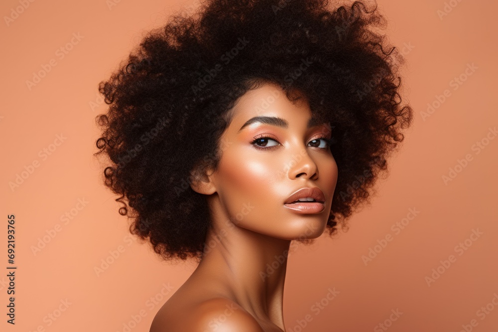 Beauty portrait of African American girl . Beautiful black woman touch her face . Facial treatment . Cosmetology , skin care and spa . - obrazy, fototapety, plakaty 
