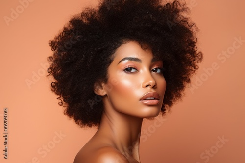Beauty portrait of African American girl . Beautiful black woman touch her face . Facial treatment . Cosmetology , skin care and spa .
