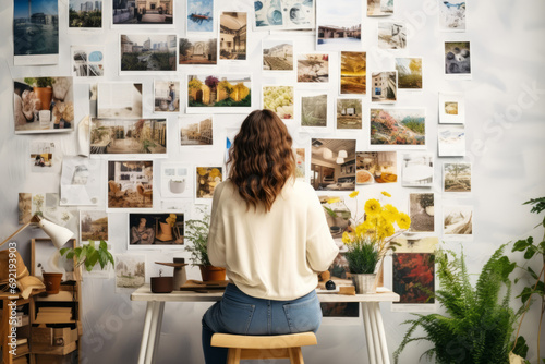Back view of woman creating vision boards with goals and aspirations. Generative AI