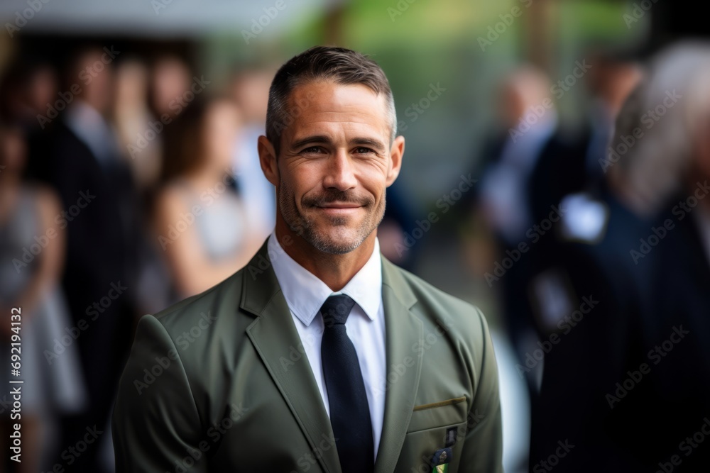 Portrait of a smiling businessman standing in front of a group of people Portrait of a smiling businessman standing in front of a group of people