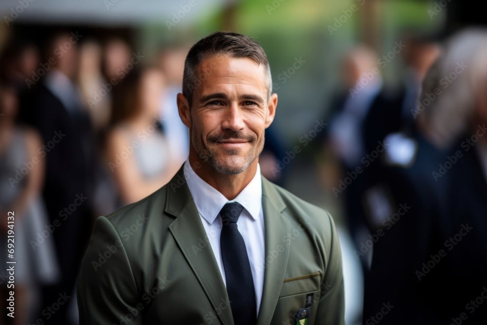 Portrait of a smiling businessman standing in front of a group of people