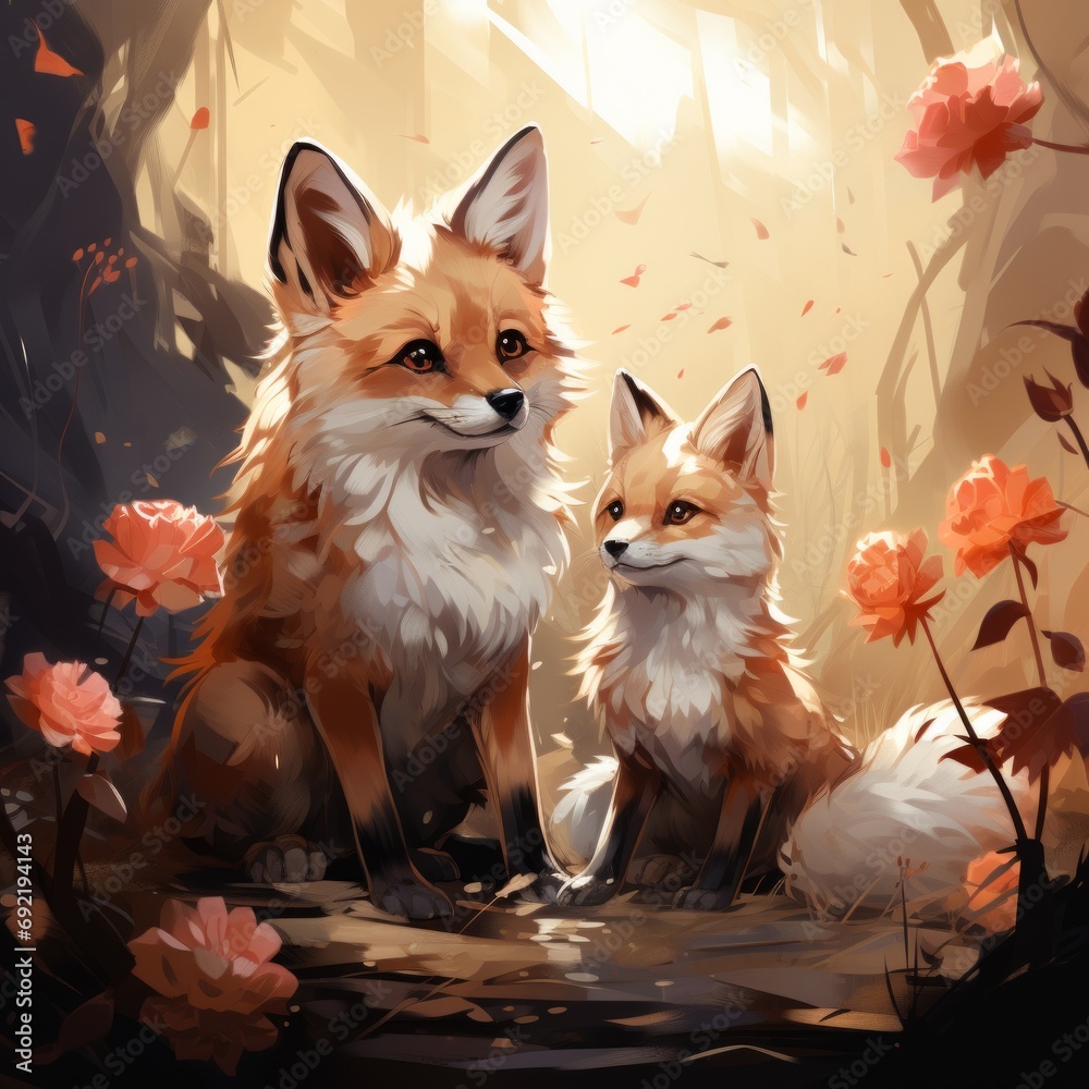 Fototapeta premium Two young fox cubs enjoy the rays of the spring sun in a forest clearing, surrounded by blooming flowers, Concept: publications about wildlife and environmental protection. Red cunning animals