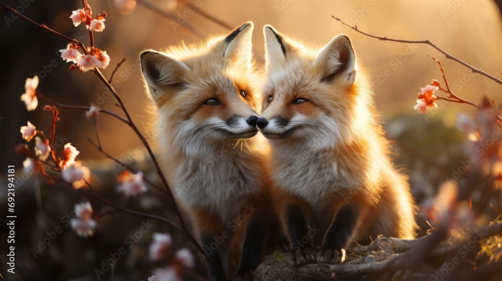 Two young fox cubs enjoy the rays of the spring sun in a forest clearing, surrounded by blooming flowers, Concept: publications about wildlife and environmental protection. Red cunning animals